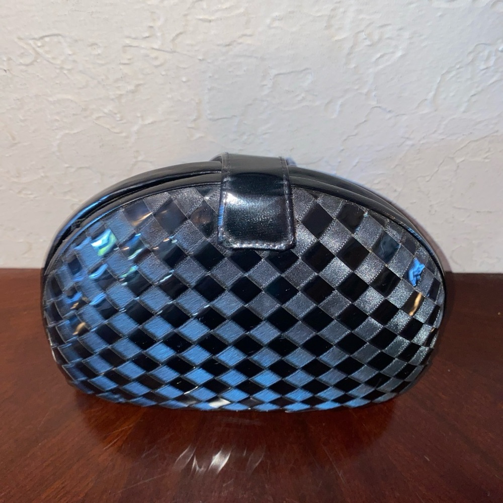 Vintage 1980's Small Black Woven Patent Leather Clutch Box Bag Crossbody Strap - Picture 4 of 10